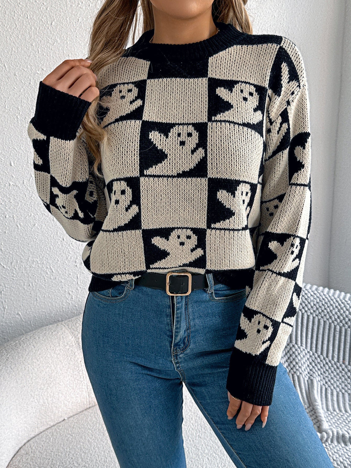 Autumn Winter Halloween Plaid Lantern Long Sleeve Pullover Women Clothing