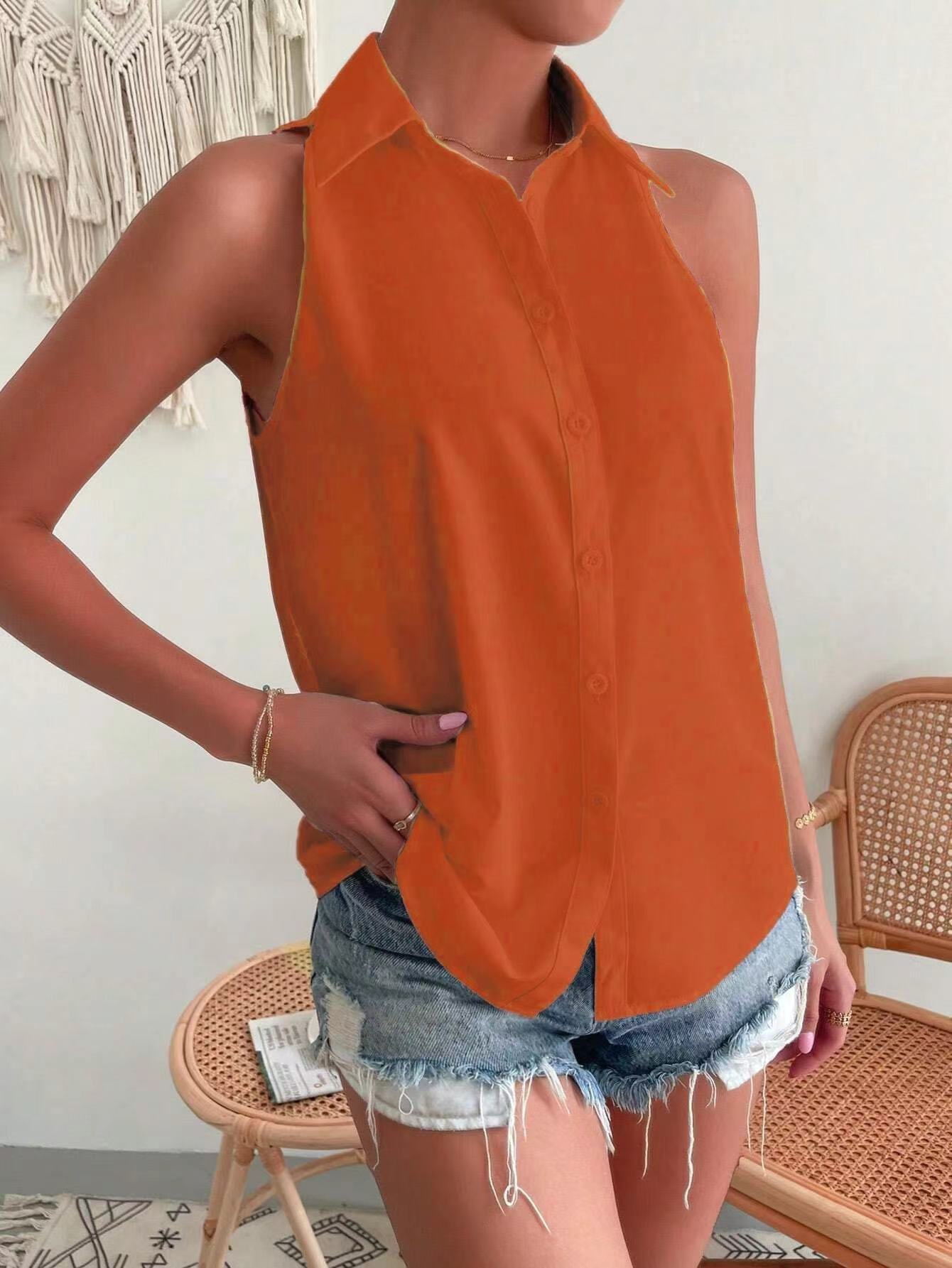 Satin Sleeveless Shirt Women Spring Satin Top Casual Office Solid Color Shirt Supply