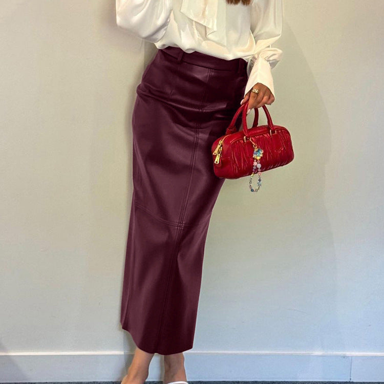 Women Clothing High Waist Split Skirt Women Faux Leather Wine Red Long Sheath Skirt