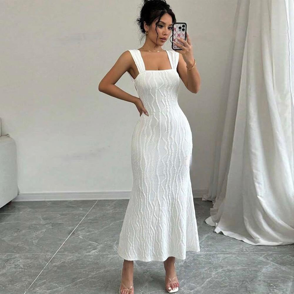 Striped Sexy Square Collar Sling Backless Maxi Dress