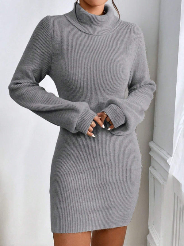 Women Clothing Woolen Dress Simple Thin Knitted Turtleneck Solid Color Sheath Knitted Dress
