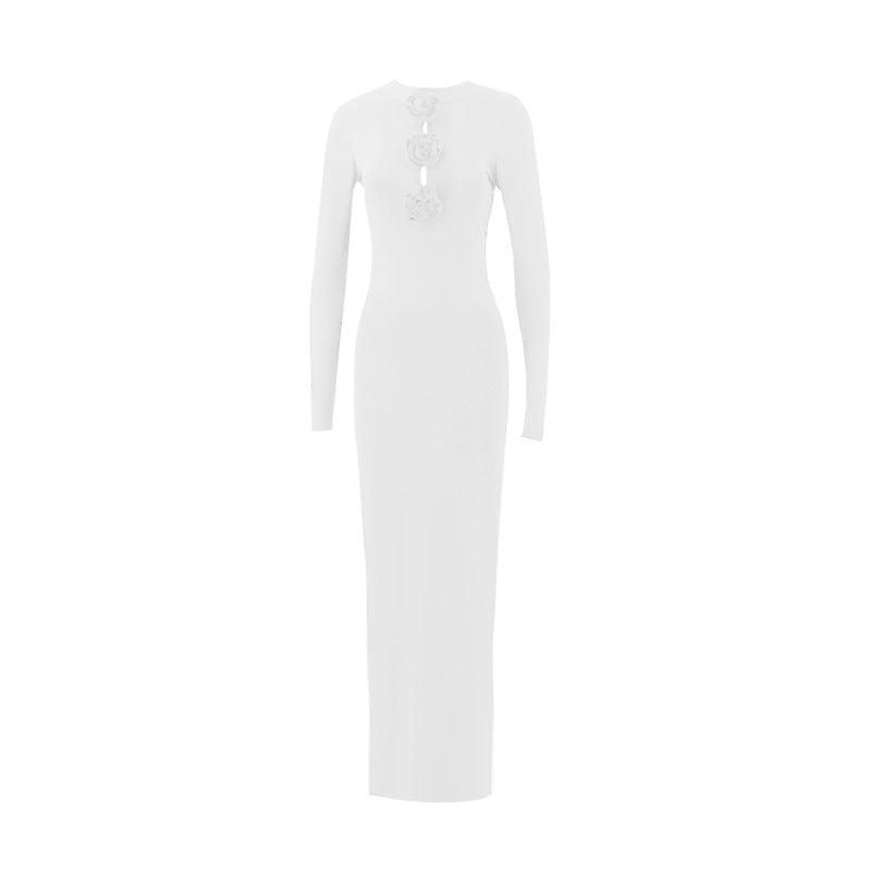 Fall Women Clothing Sexy Cutout Socialite Private Clothing Elegant Three Dimensional Floral Long Sleeve Slim Maxi Dress