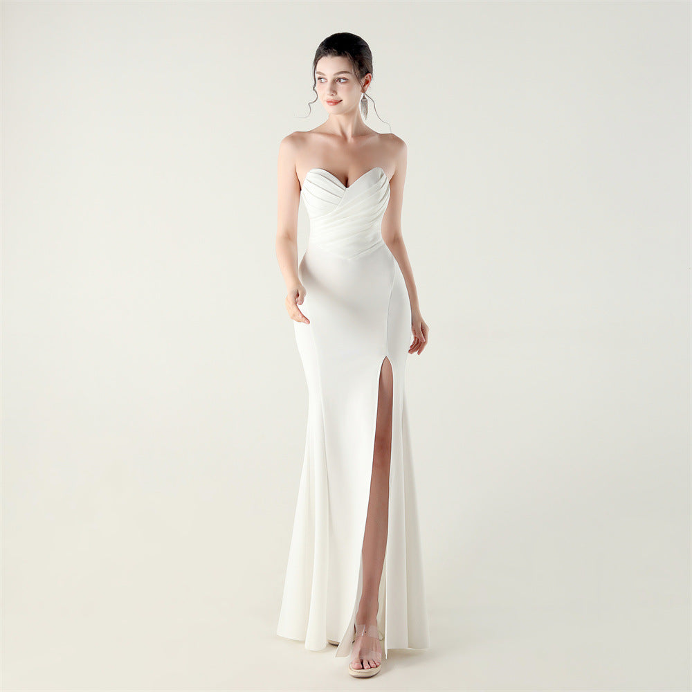Wrapped Chest Folding Heart Shaped Collar Evening Dress Back Cross Strap Slimming Cocktail Bridesmaid Dress