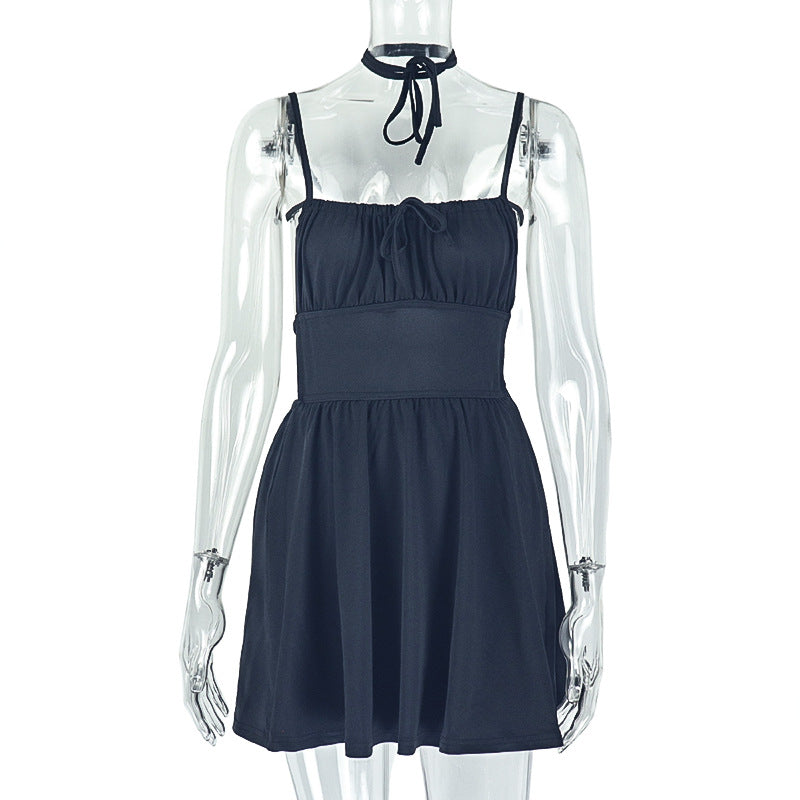 Simple Women Pleated Solid Color A line Dress Backless Lace up Boat Neck Short Dress