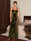 Sexy Backless Green Lace Velvet Spaghetti Straps Dress Elegant Slim Fit Fishtail Dress Sexy Lingerie