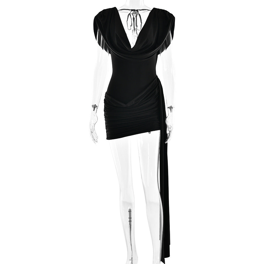 Women Clothing Summer Sexy Swing Collar Backless Sleeveless Ribbon Hip Bag Dress