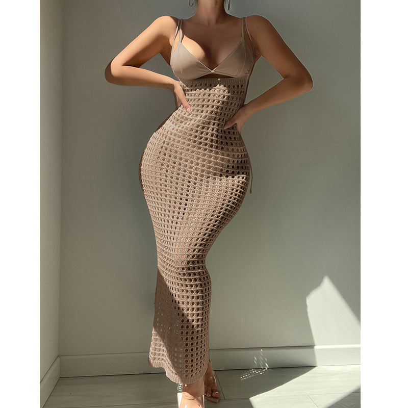Women Knitted Camisole Hollow Out Cutout Texture Sexy Slim High Waist Maxi Dress Beach Cover up Dress Crochet hook