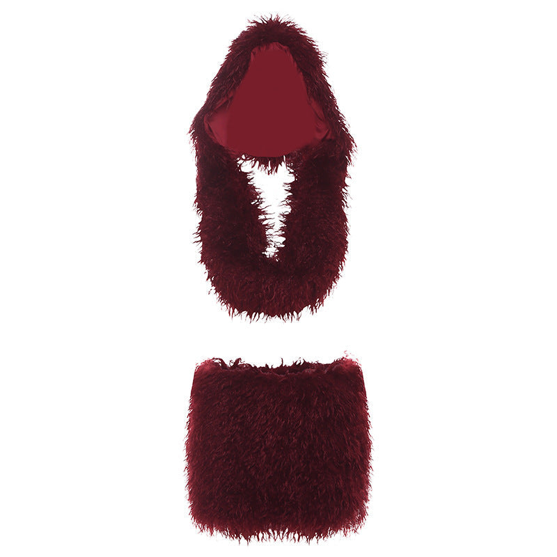 Autumn Backless Hooded Top Slimming Hip Skirt Solid Color Set for Women