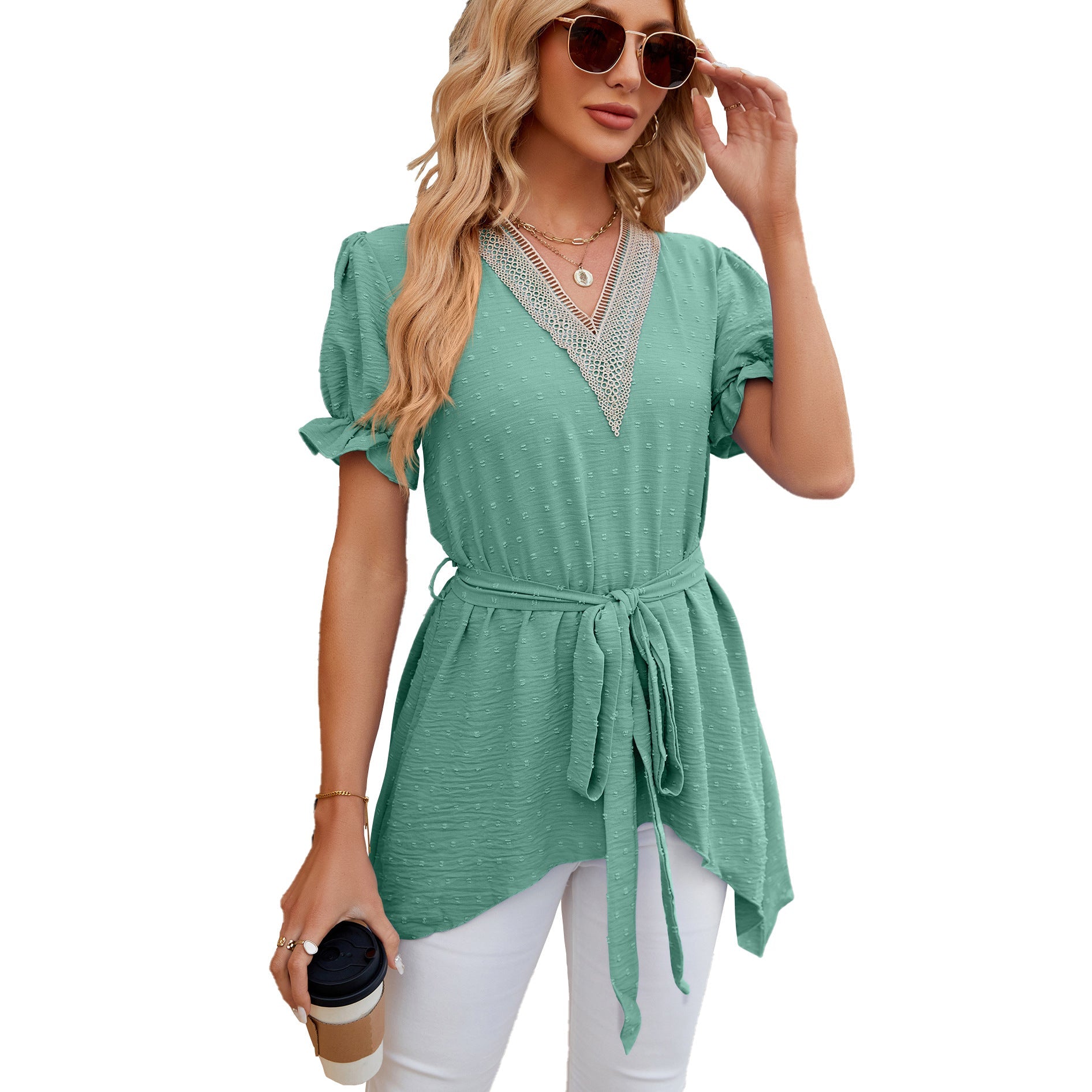Spring Summer Solid Color V-neck Lace Stitching Loose Short Sleeve Dress