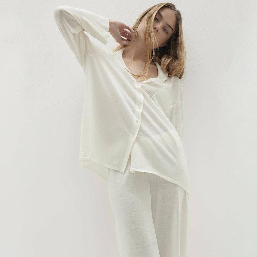 Comfort Knitted Loose Cardigan Long Sleeve Pants Pajamas Women Casual Simple Home Wear