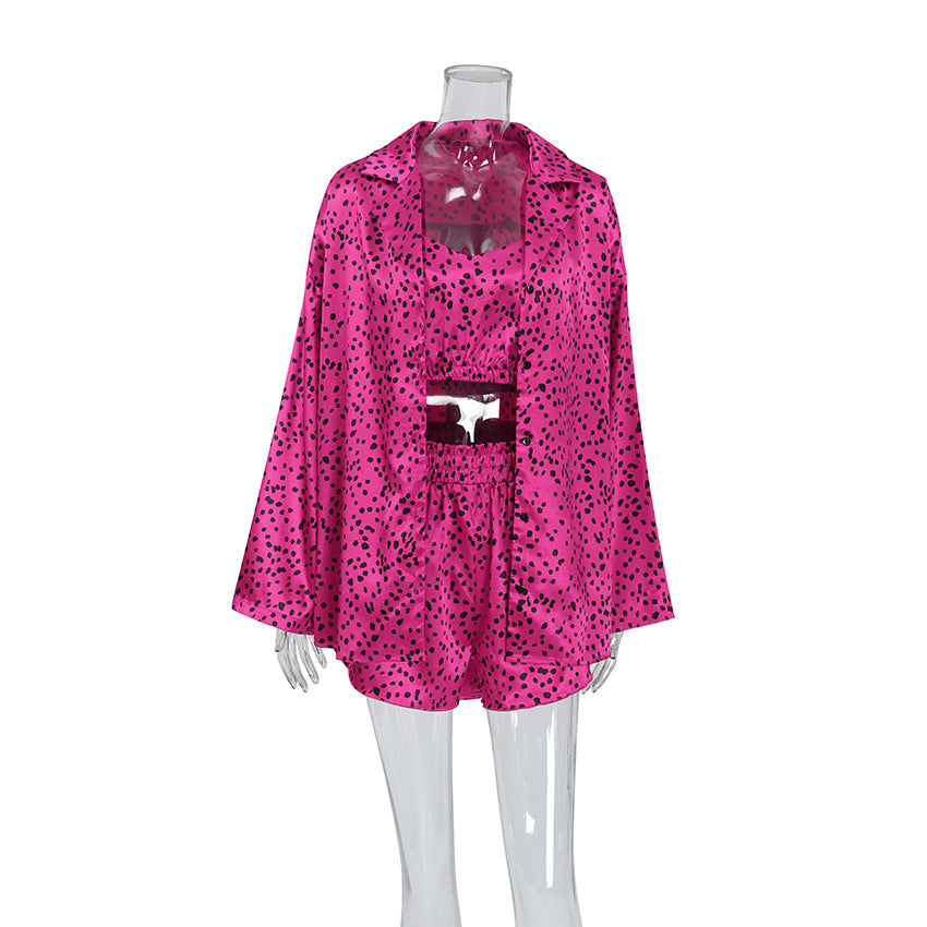 Autumn Satin Polka Dot Printed Homewear Underwear Shorts Outerwear Gown Three Piece Pajamas