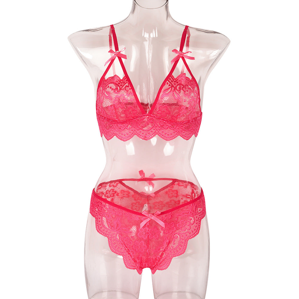 Sexy Two Piece Set Autumn Lace Splicing Tape Bow Sexy Lingerie Set