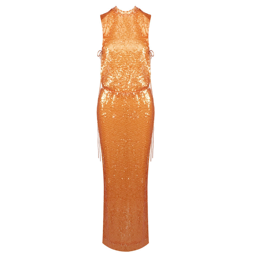 Women Clothing Autumn Winter Yellow Orange Transparent Sequin Dress Sleeveless round Neck Evening Maxi Dress Gold