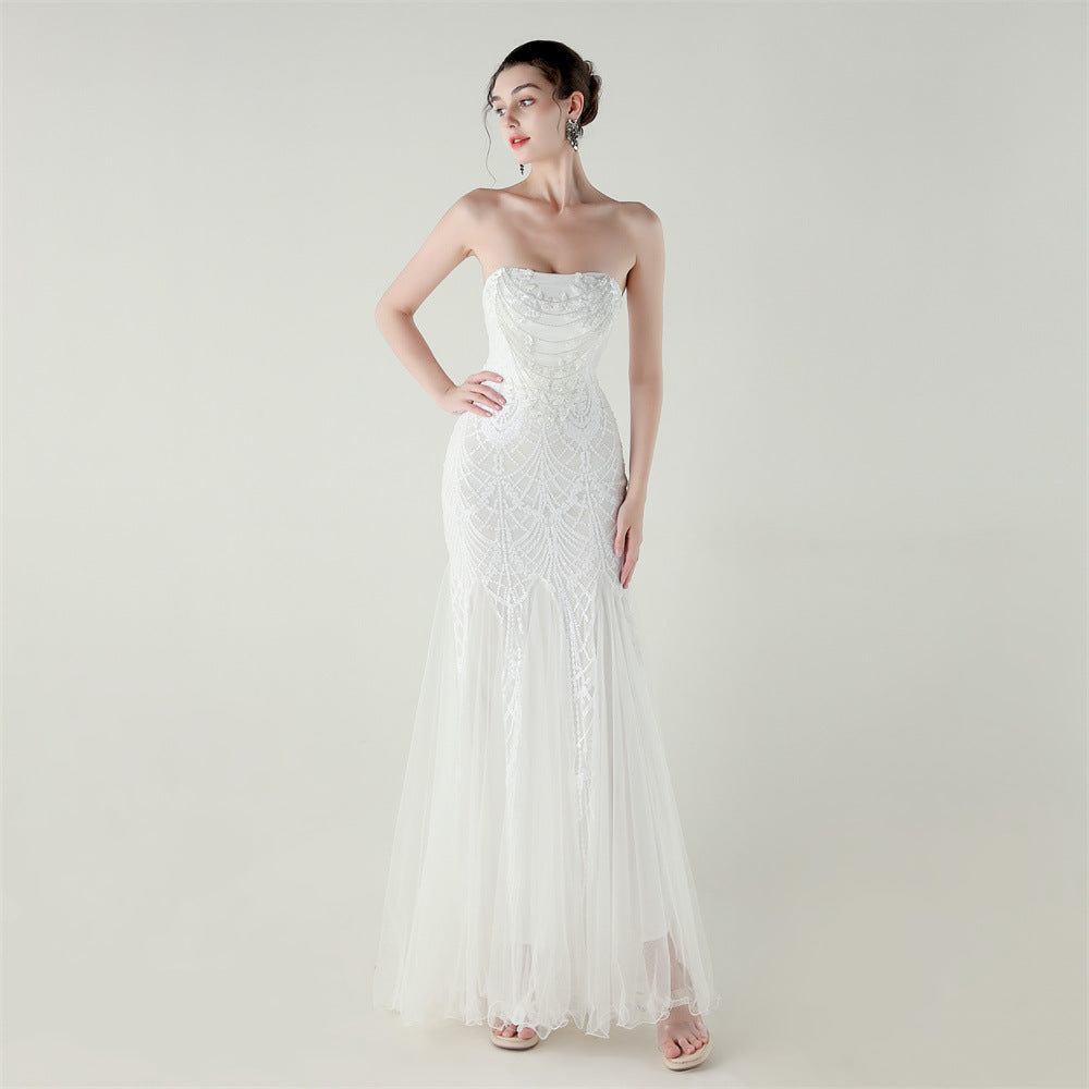 Mesh Heavy Industry Beaded Tube Floral Evening Dress Tube Top Fishtail Dress Swing Cocktail Social Socialite