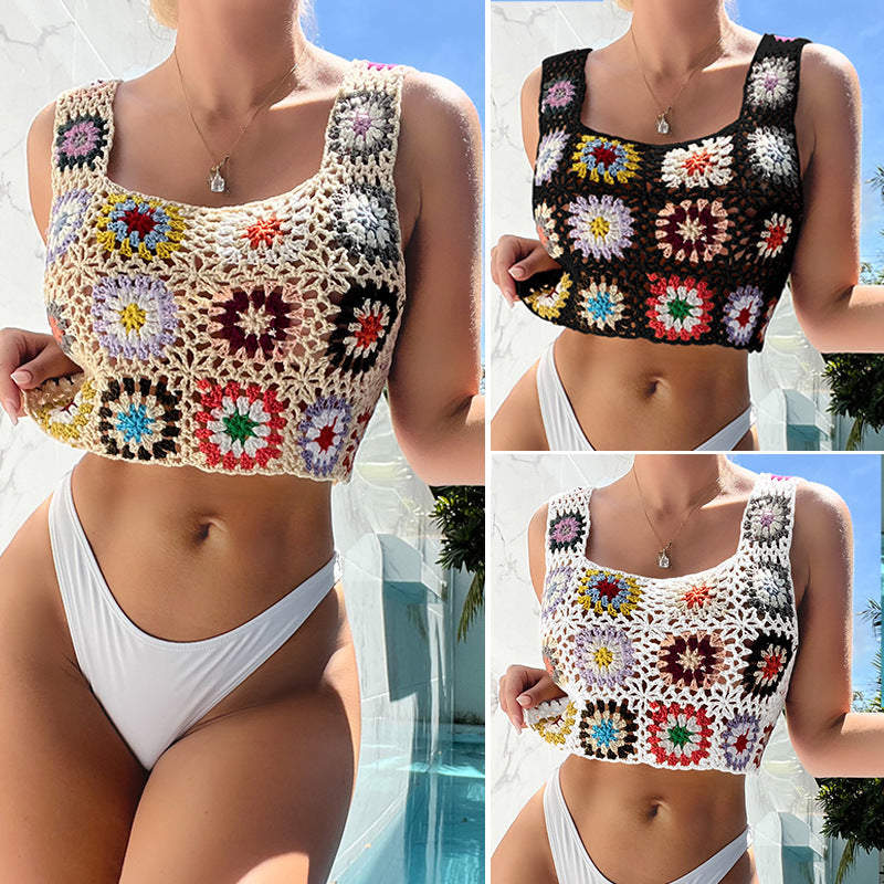 Hand Hook Floral Block Knitted Sling Lady Sexy Seaside Swimwear Vacation Bikini Small Sling Crochet hook