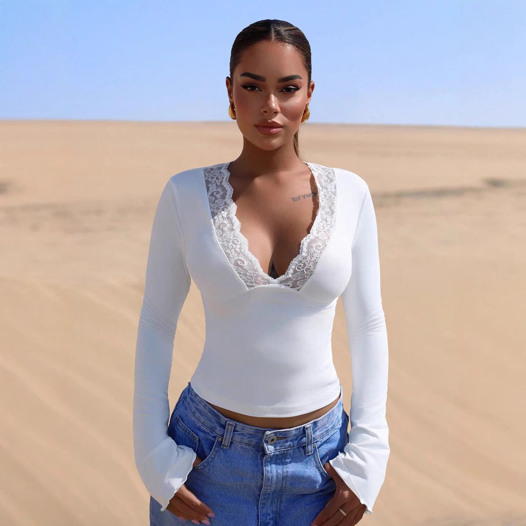 V neck Stitching Lace Sexy Long Sleeve Slim Fit Top