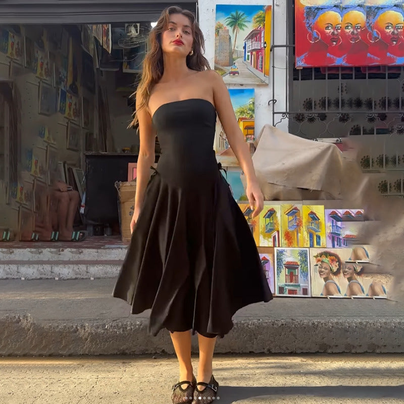 Women Clothing Graceful Tube Top Backless Waist Trimming A line Solid Color Light Luxury Slim Dress Women