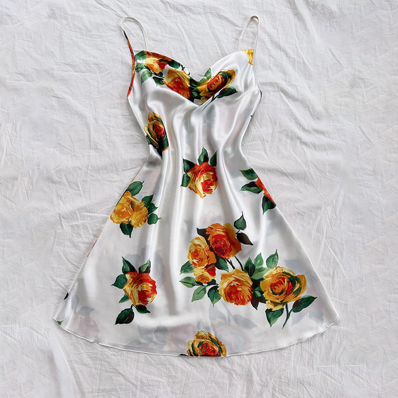 Summer Dacron Camisole Sleeveless Dress Sexy Printed Backless Slip Dress Nightdress