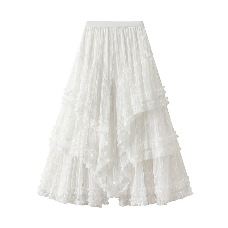 White Refined Handmade Lace Stitching Irregular Asymmetric Mesh Skirt Women Spring Autumn High Grade Tiered Dress Large Swing Skirt