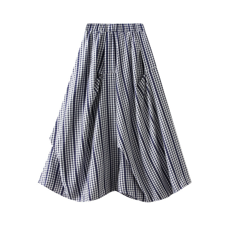 Blue Plaid Irregular Asymmetric Skirt Women Summer Niche Long Skirt Pleated Loose Skirt