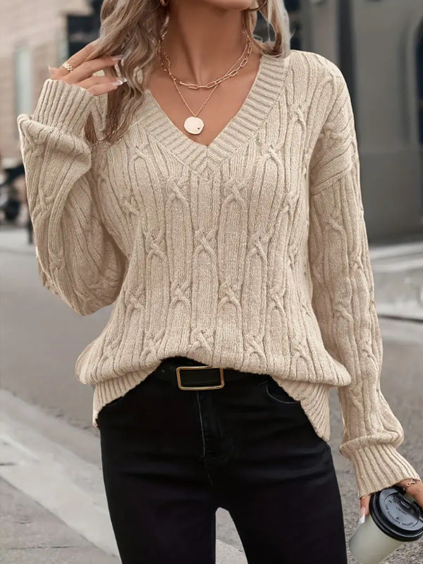 Women Clothing Autumn Winter V neck Sweater Women Twist Thread Solid Color Sweater Loose Top