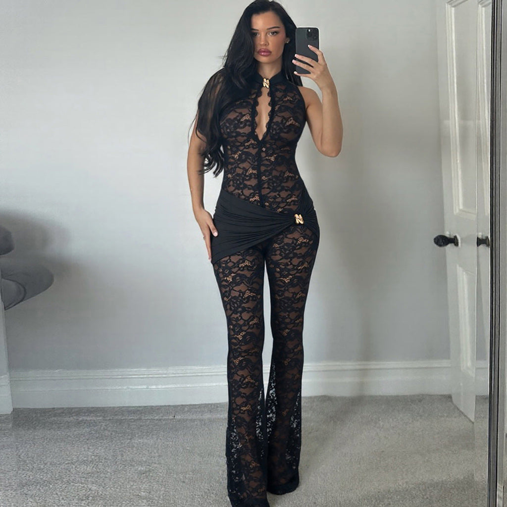 Autumn Winter Women Lace Stitching Sleeveless Sexy High Waist Slim Fit Micro Pull Jumpsuit