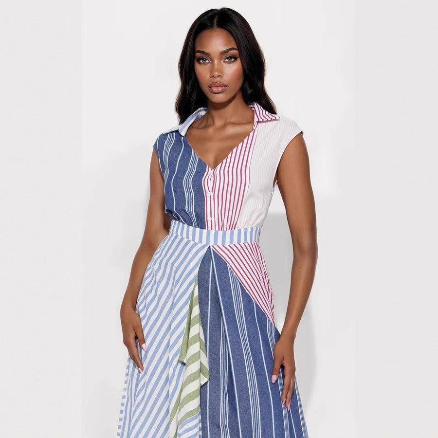 Women Clothes Cool Contrast Color Patchwork Stripes V neck Dress Irregular Asymmetric Cinched A line Dress