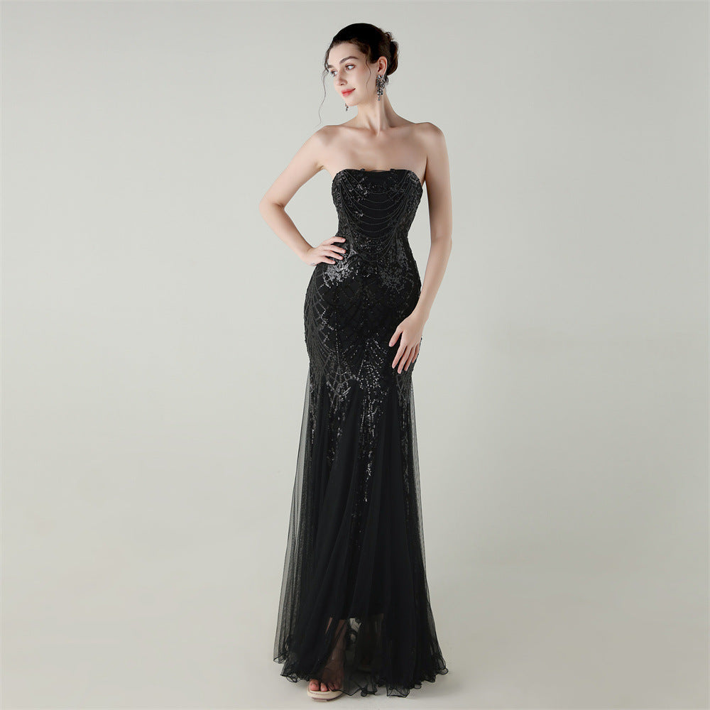 Mesh Heavy Industry Beaded Tube Floral Evening Dress Tube Top Fishtail Dress Swing Cocktail Social Socialite