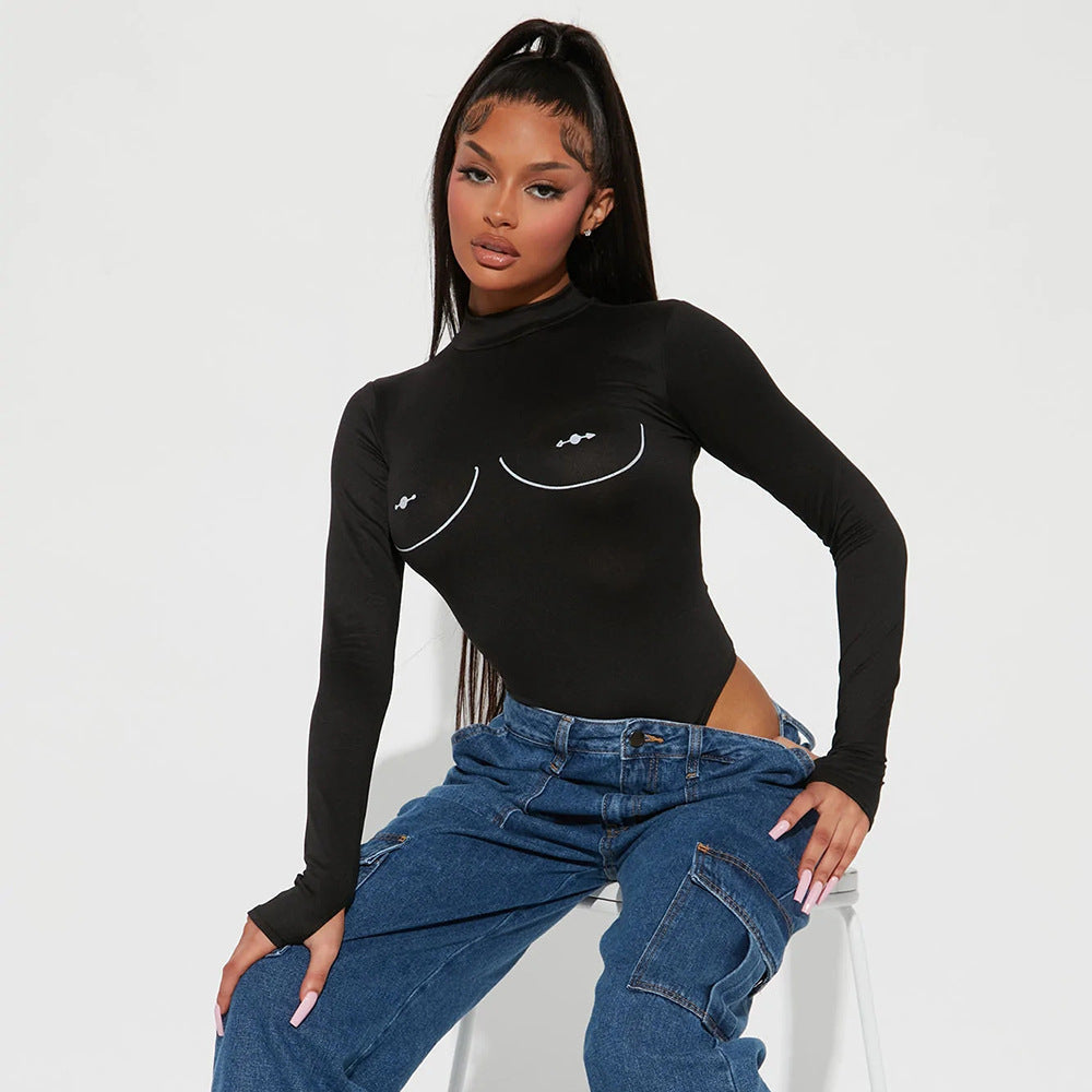 Sexy Long Sleeved Printed High Elastic Bodysuit Hollow Out Cutout Women Top