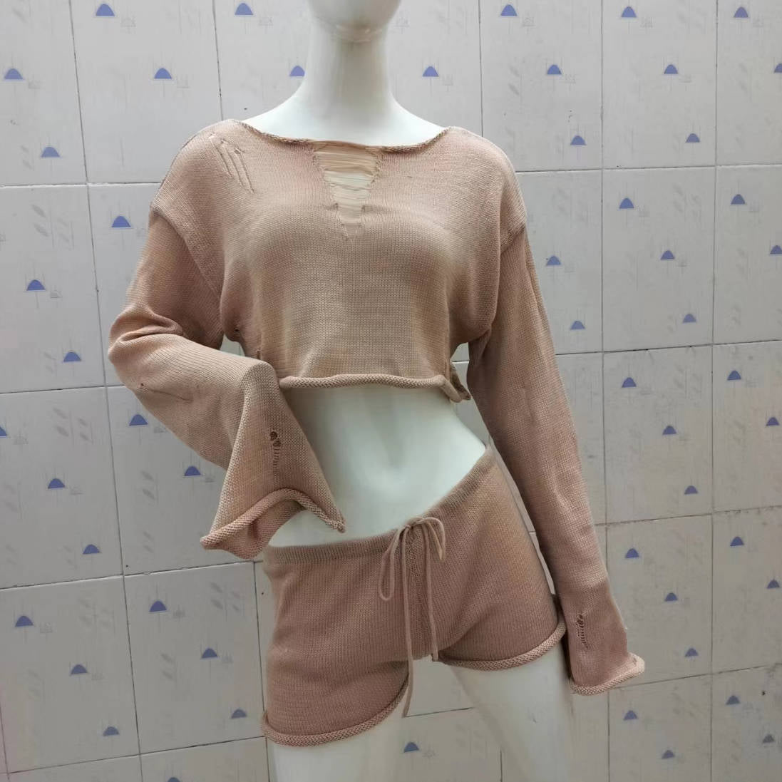 Knitted Two Piece Women Spring Summer Seaside Vacation Sun Protection Short Top Sexy Shorts Suit