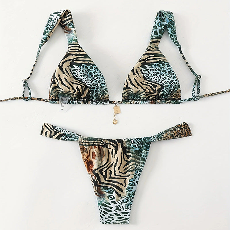 Printed Lace up Swimsuit Women Three Point Sexy Beach Bikini Spring Swimsuit