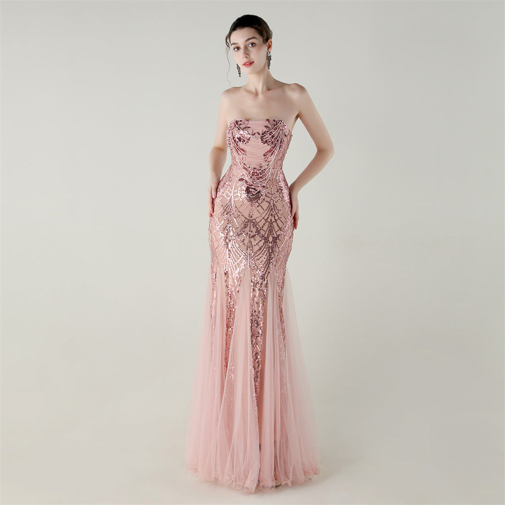 Mesh Heavy Industry Beaded Tube Floral Evening Dress Tube Top Fishtail Dress Swing Cocktail Social Socialite
