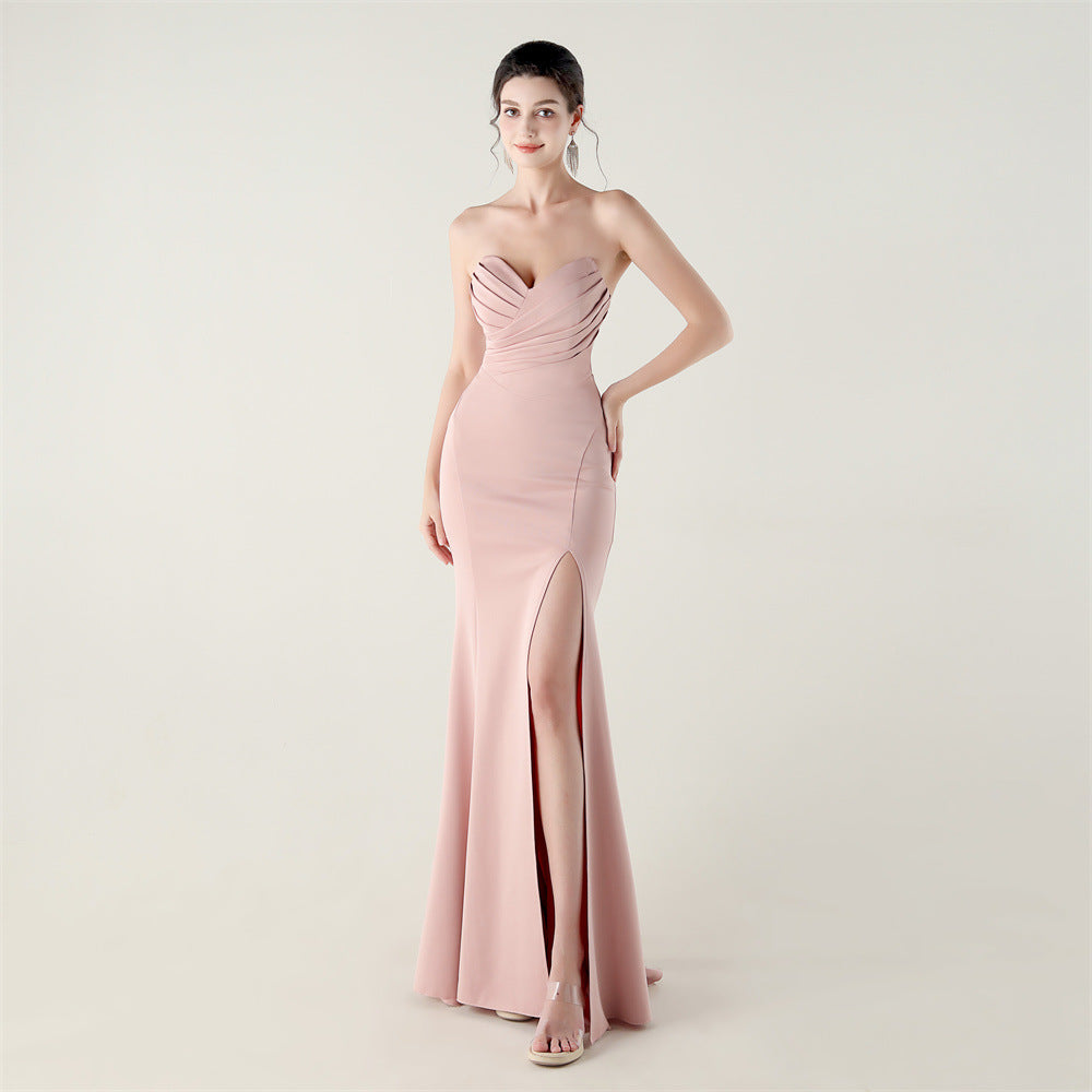 Wrapped Chest Folding Heart Shaped Collar Evening Dress Back Cross Strap Slimming Cocktail Bridesmaid Dress