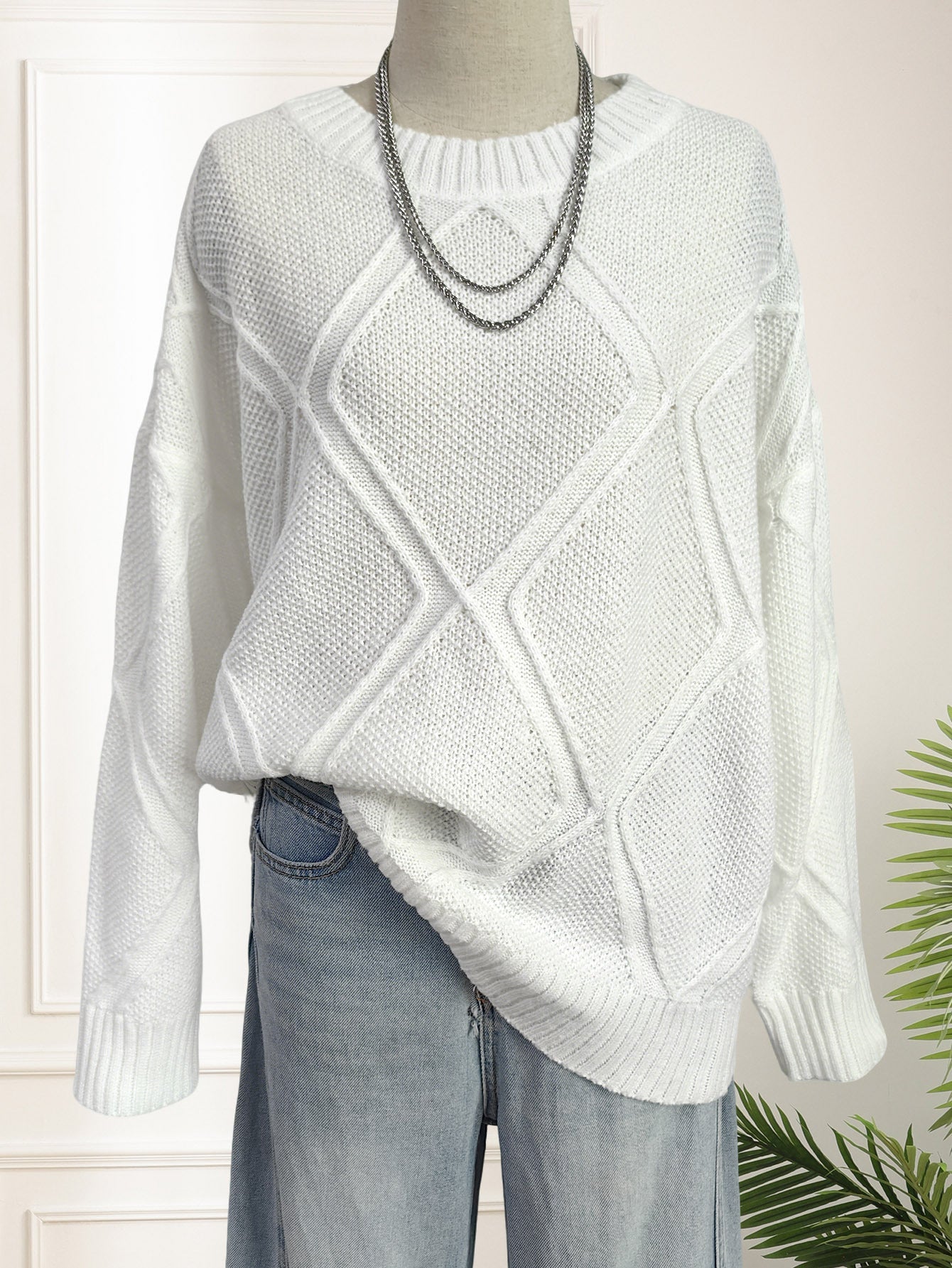 Top Platform Women Clothing Diamond Plaid Jacquard Loose Fitting Idle Casual Pullover Sweater