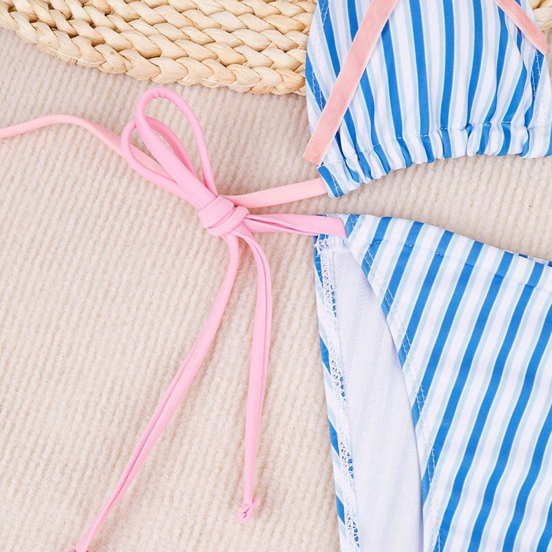 Women Sexy Backless Striped Bikini Deep V Plunge Three Point Bikini Split Swimsuit