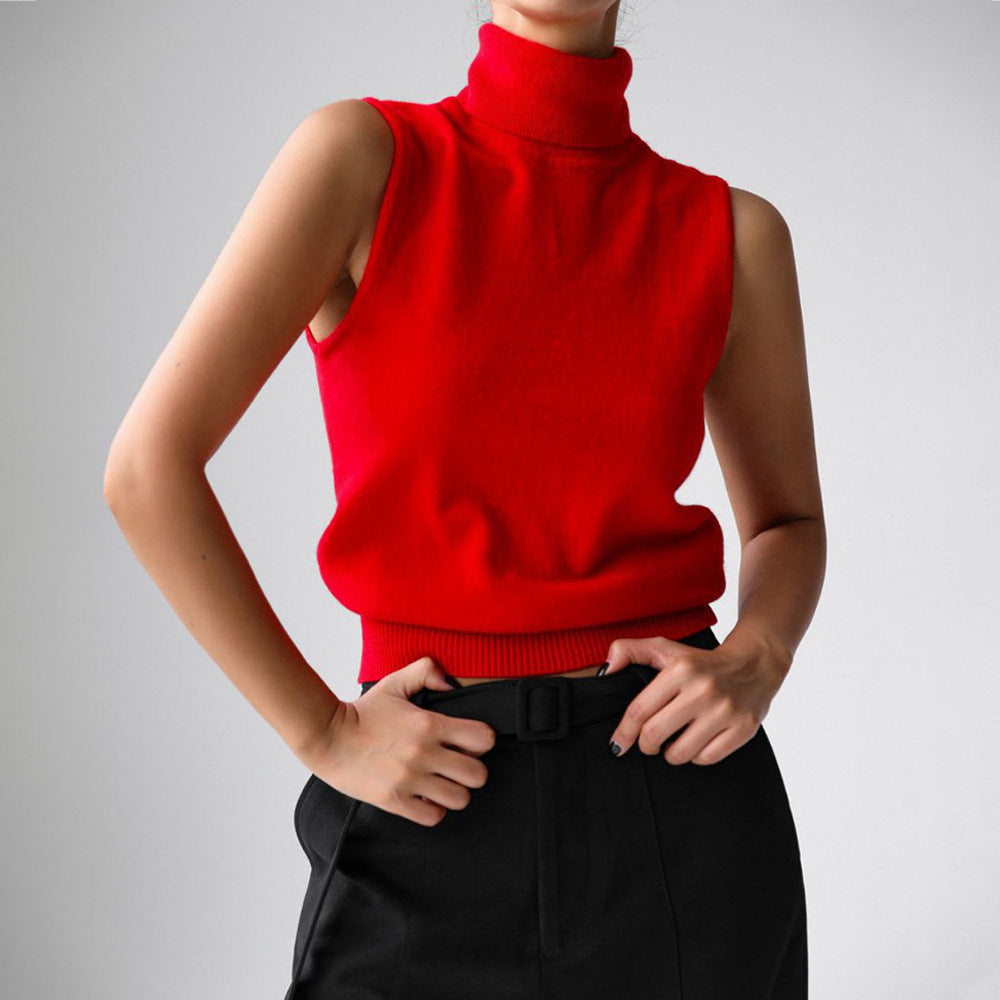 Knitted Sleeveless Vest Autumn High Neck Vest Sweater Minimalist Vest Top Women