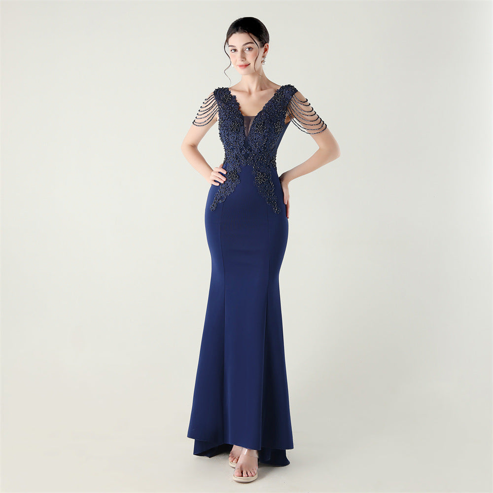 Satin Heavy Industry Beaded Three Dimensional Applique Boning Corset Waist-Tight Evening Dress Lace Tassels Design Cocktail Social Networking