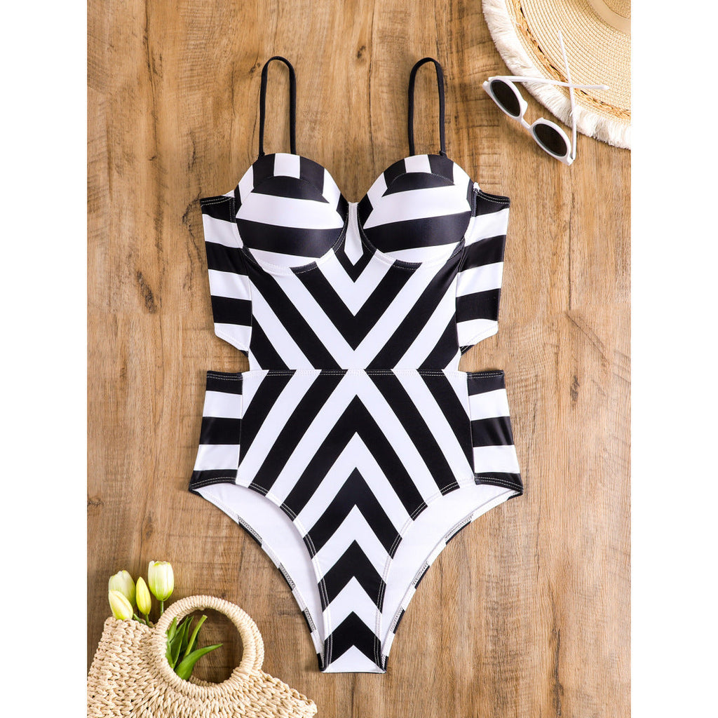 Bikini Swimsuit Geometric Abstract Printed Steel Bracket Push up Swimsuit