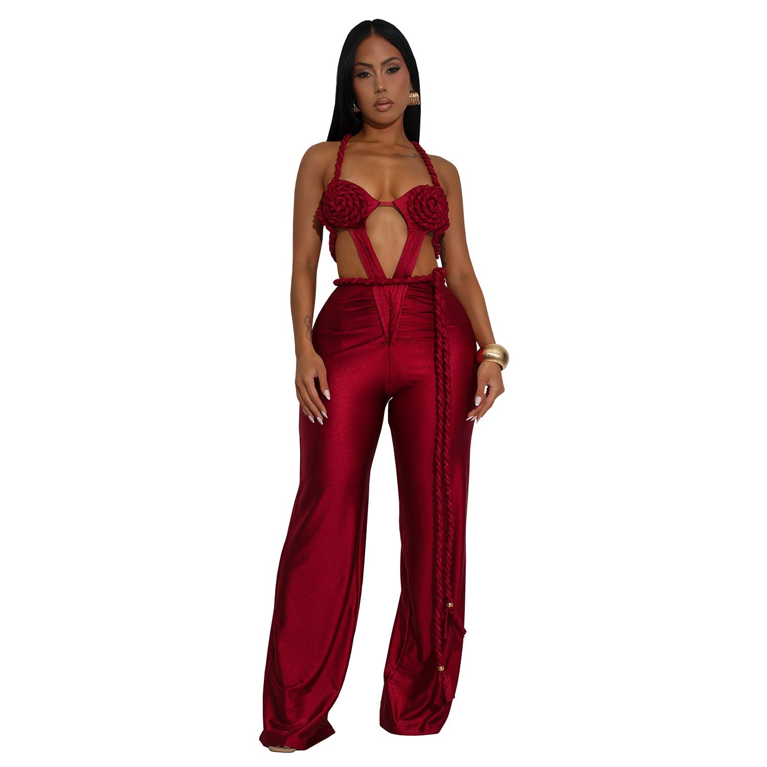 Women Wear Solid Color Sexy Bandeau Backless Lace up Jumpsuit
