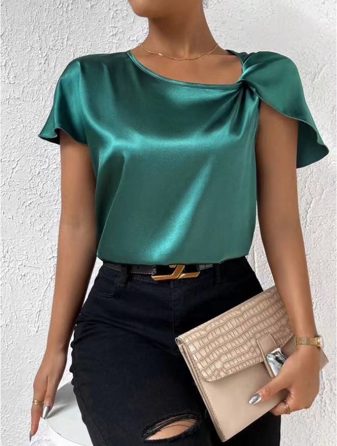 Supply Summer Satin Short Sleeve Satin Twisted Solid Color Loose Fitting Top Women