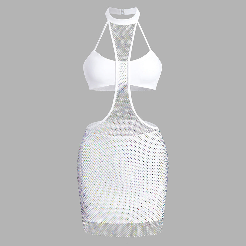 High Neck Cami Bra Sexy Siamese Cropped Outfit Hip Skirt Net Drill Women Milk Silk