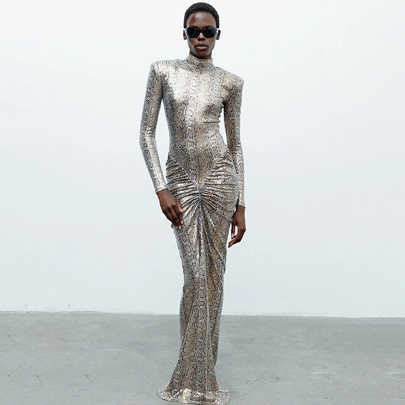 Autumn Slim round Neck Leopard Print Dress Long Sleeve Printed Dress Women Clothing