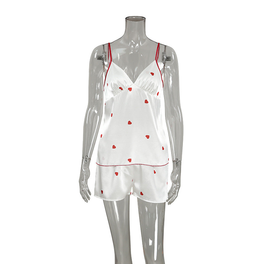 Spring Homewear Heart Printing Suspender Shorts Sexy Two Piece Set Satin Women Pajamas