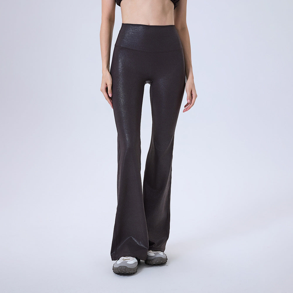 High Waist Faux Leather Sports Bell Bottom Pants Seamless Anti Hemmed Trousers Women Running Thin Fitness Pants Yoga Pants