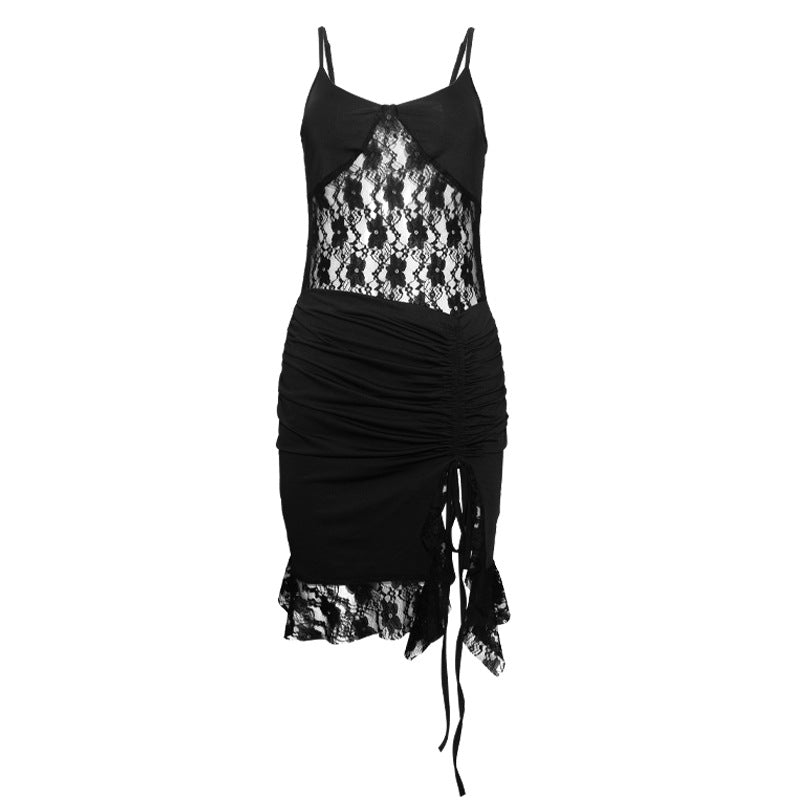 Sexy Strap Lace Stitching Hollow Out Cutout Slim Irregular Asymmetric Dress Short Dress