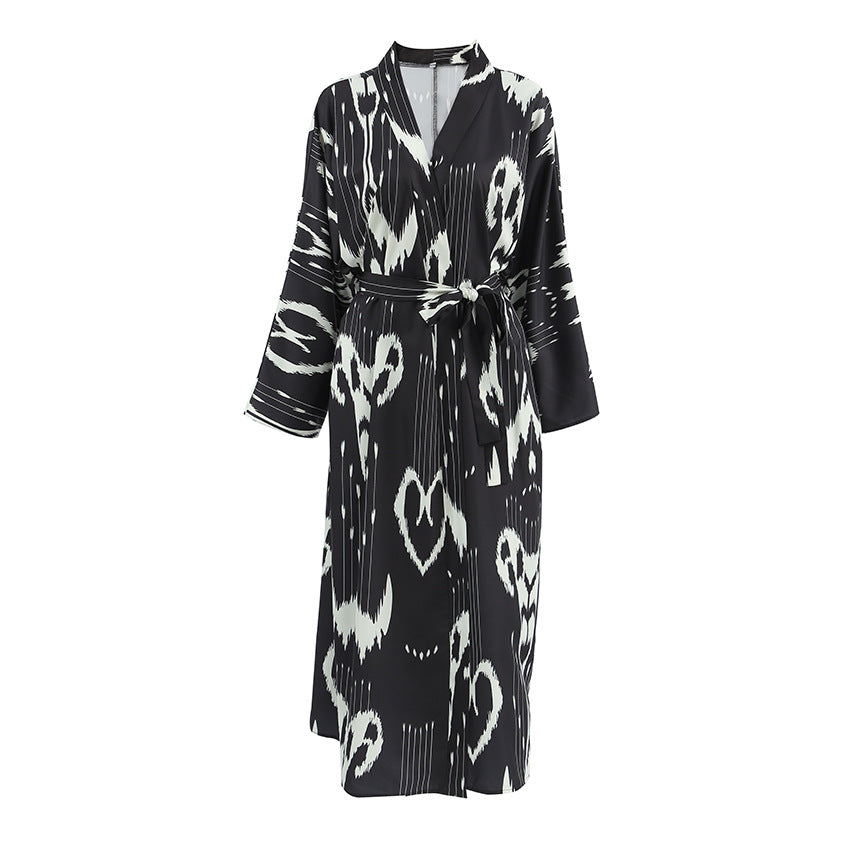 Fall Long Loose Casual Homewear Artificial Silk Printed Cardigan Ladies Robe