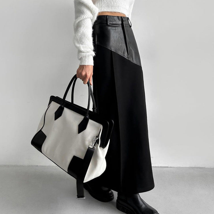 Women Clothing Retro Faux Leather Stitching Design Half Length Skirt Women Wild High Waist Slit Hip Skirt