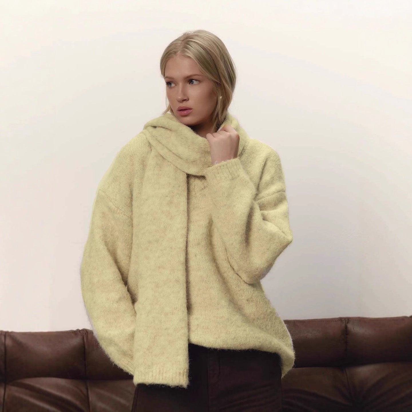 Loose Lazy Soft Wool Sweater Women Autumn Winter Pullover Loose Sweater Scarf Set