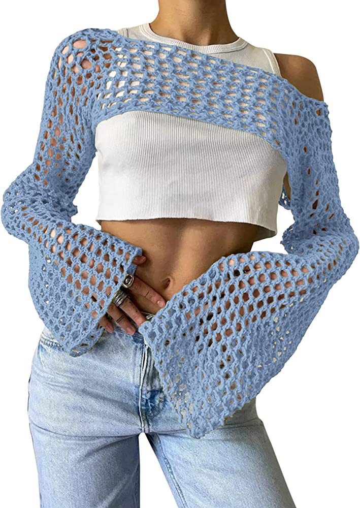 Sexy Hollow Out Cutout Sweater Solid Color round Neck Long Sleeve Knitted Blouse Crochet hook
