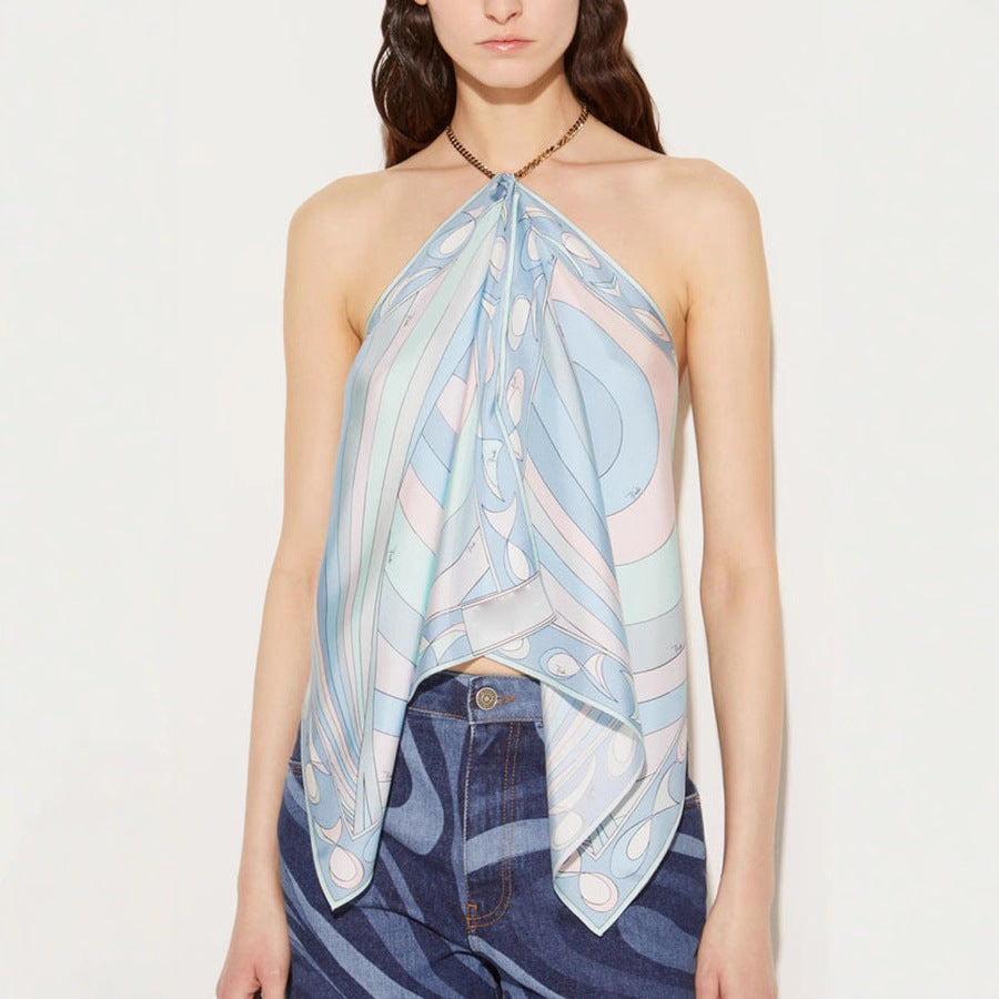 Spring Summer Halter Positioning Printing Tube Top Loose Vacation Party Backless Satin